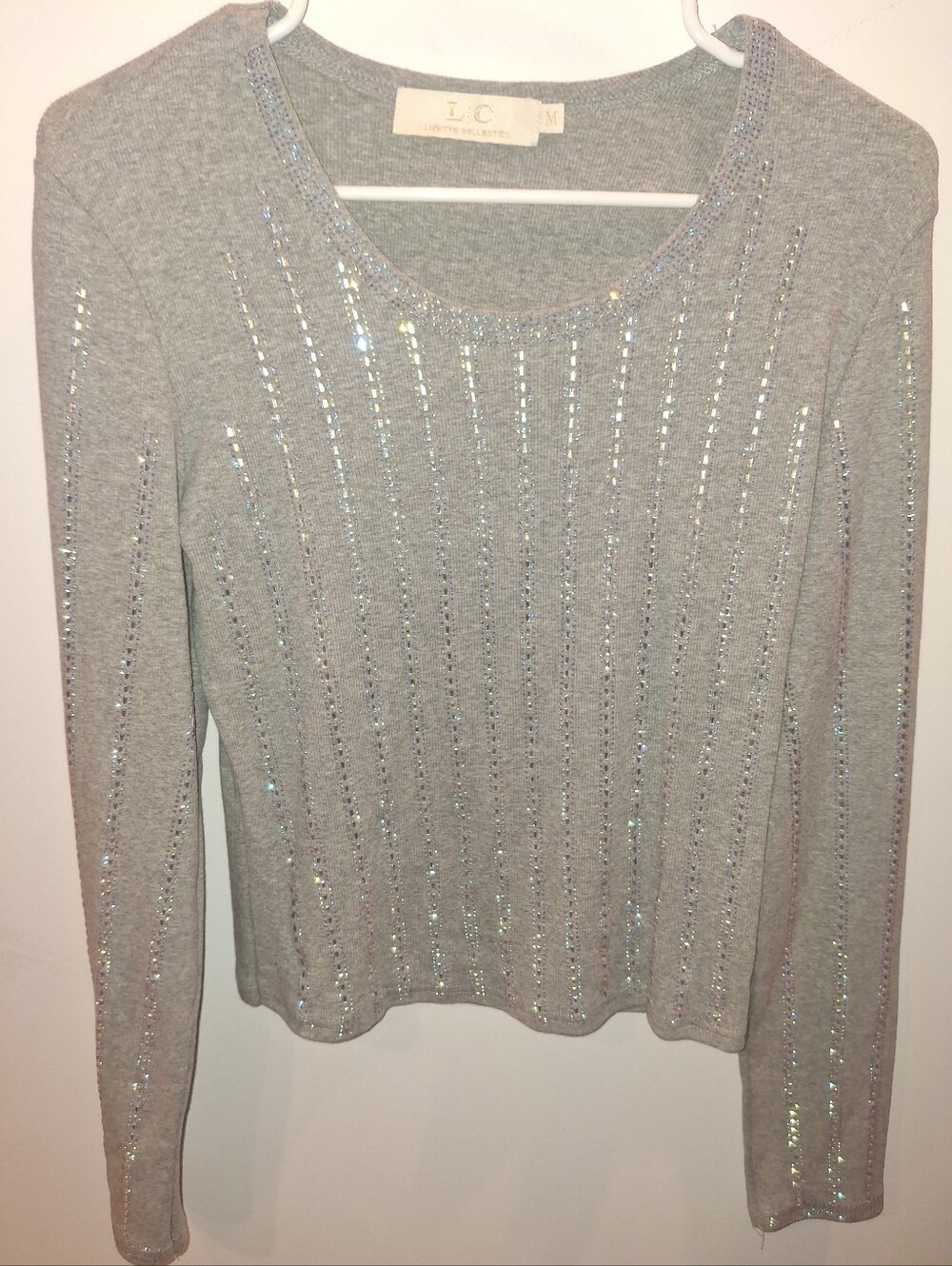Light Gray Sequin Stripe Long-Sleeve Top by LC